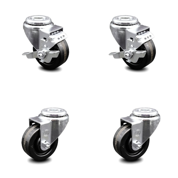 3 Inch Phenolic Wheel Swivel Bolt Hole Caster Set with 2 Brake